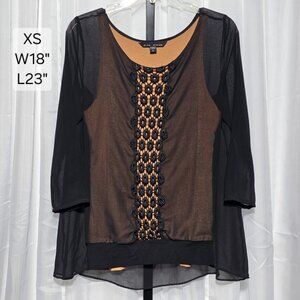 Atina Cristina Layered Crochet Trim Top Sheer Sleeve Black Camel XS